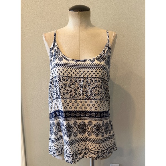 Identity Tops - Identity Women's Medium Blue White Boho Paisley Print Spaghetti Strap Tank Top